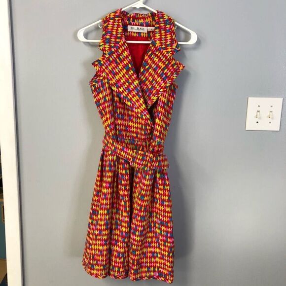 1980s bill blass silk multi color print halter collar dress pockets waist belt - Picture 1 of 16